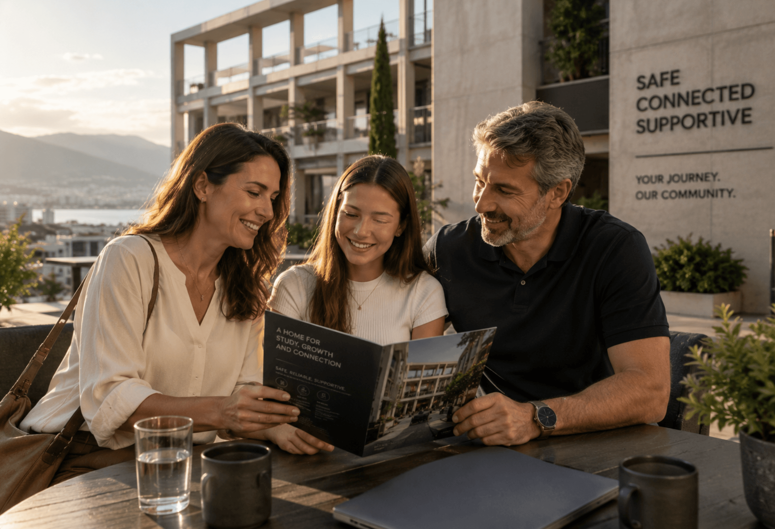Parents and daughter reviewing the Campus42 brochure on the rooftop