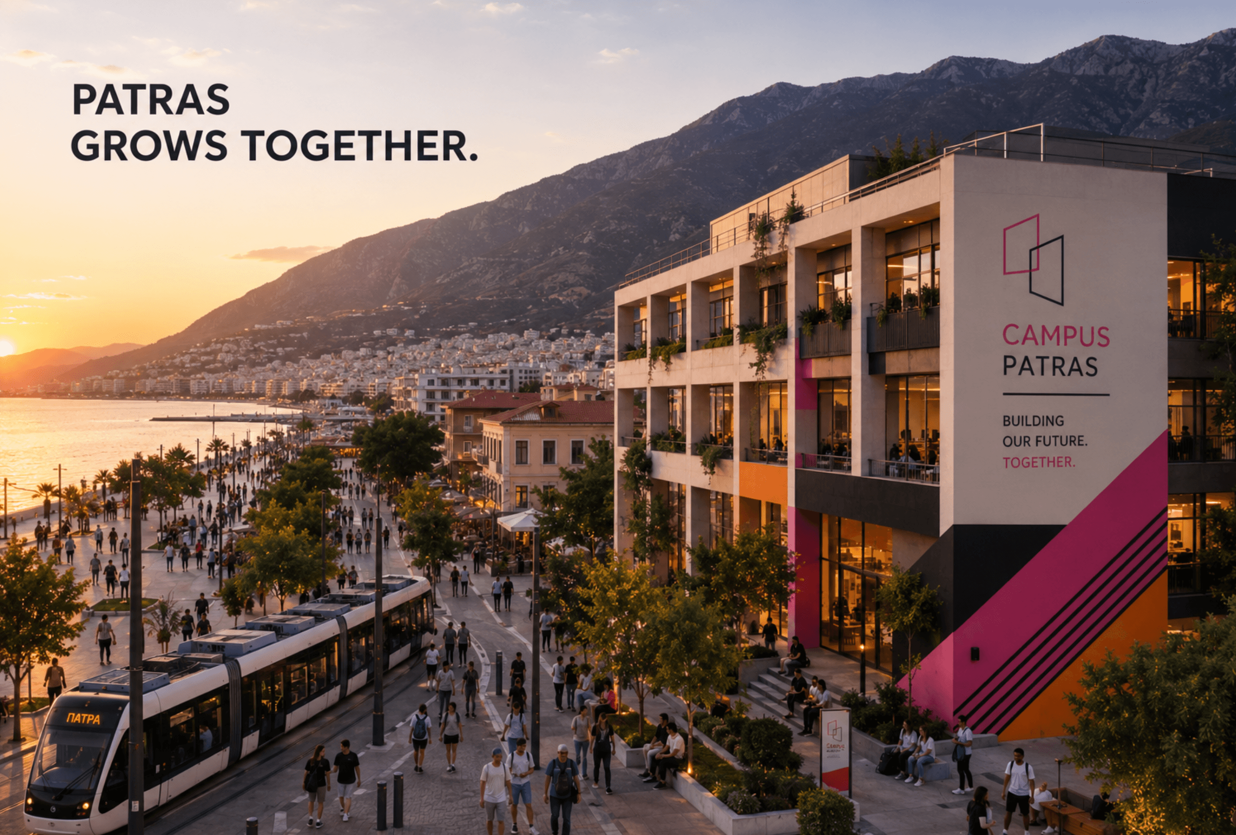 Patras waterfront at sunset — Campus42 anchoring the promenade