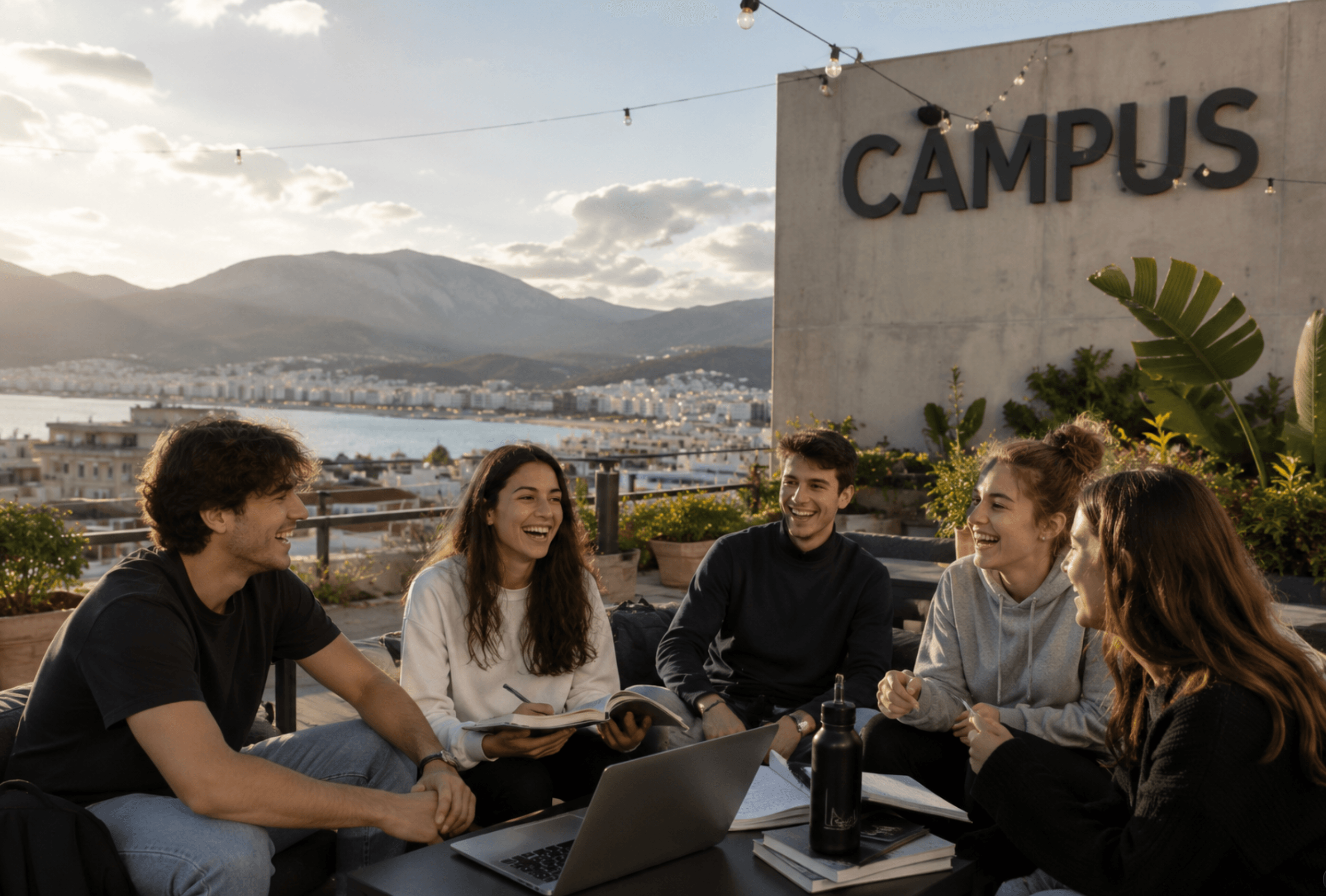 Students on the Campus42 rooftop at sunset