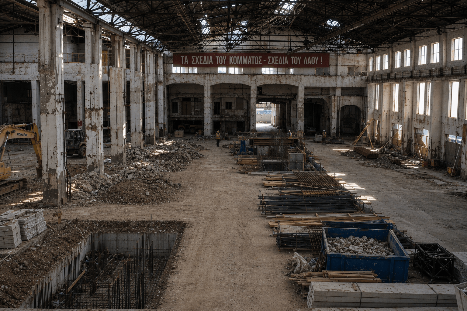 The stripped-out interior hall of Olympiou 42, gutted to its concrete frame between production and conversion