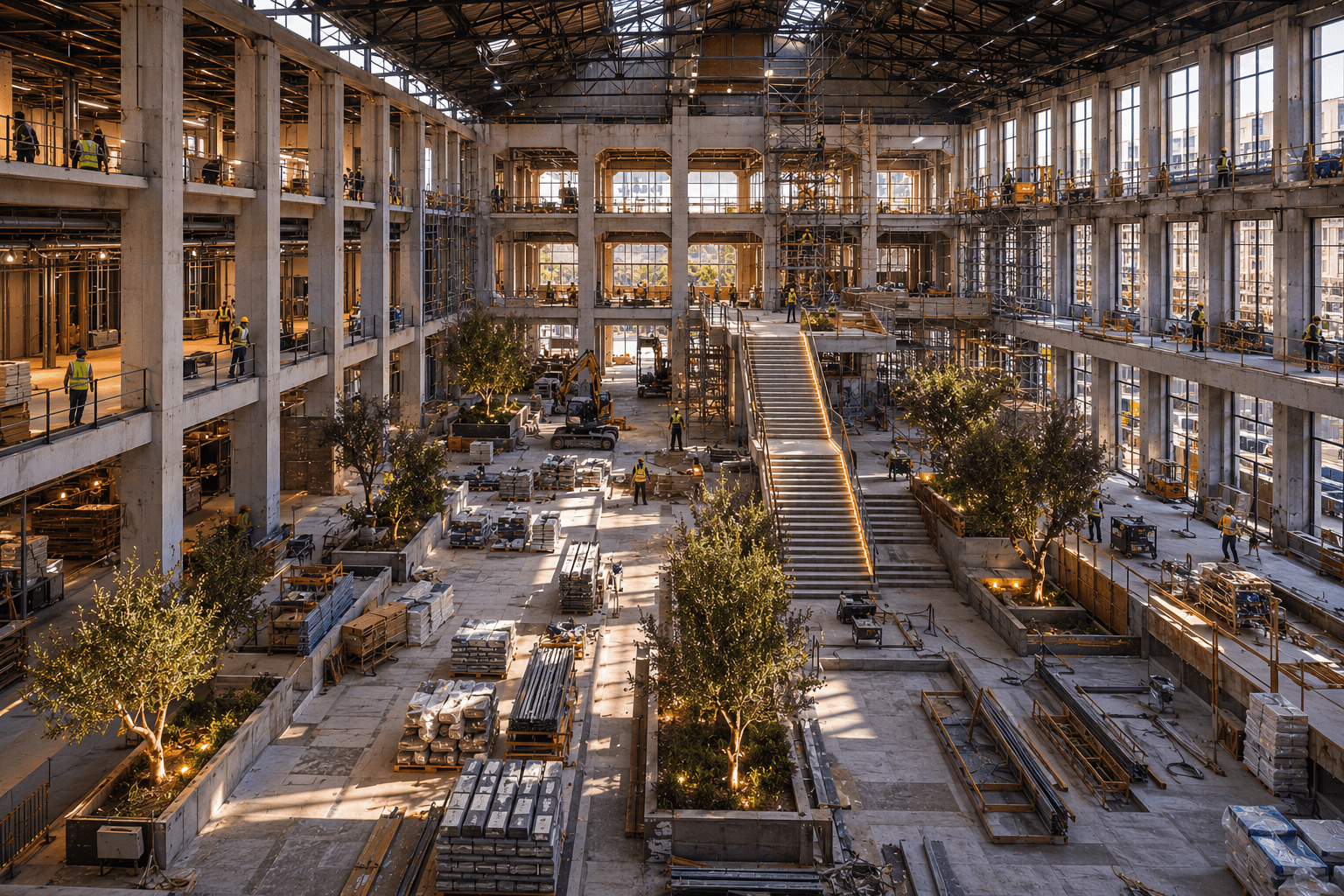 The Olympiou 42 atrium mid-conversion in 2025 — concrete frame retained, central stair and olive trees going in