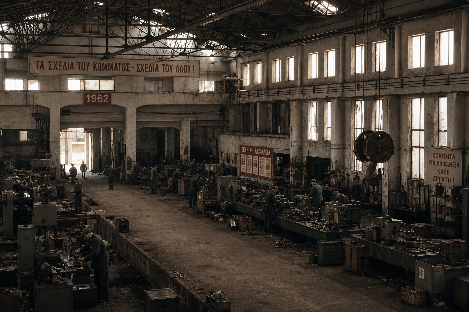 Inside the Olympiou 42 cement works in 1962 — machinists at their lathes beneath the 1962 sign