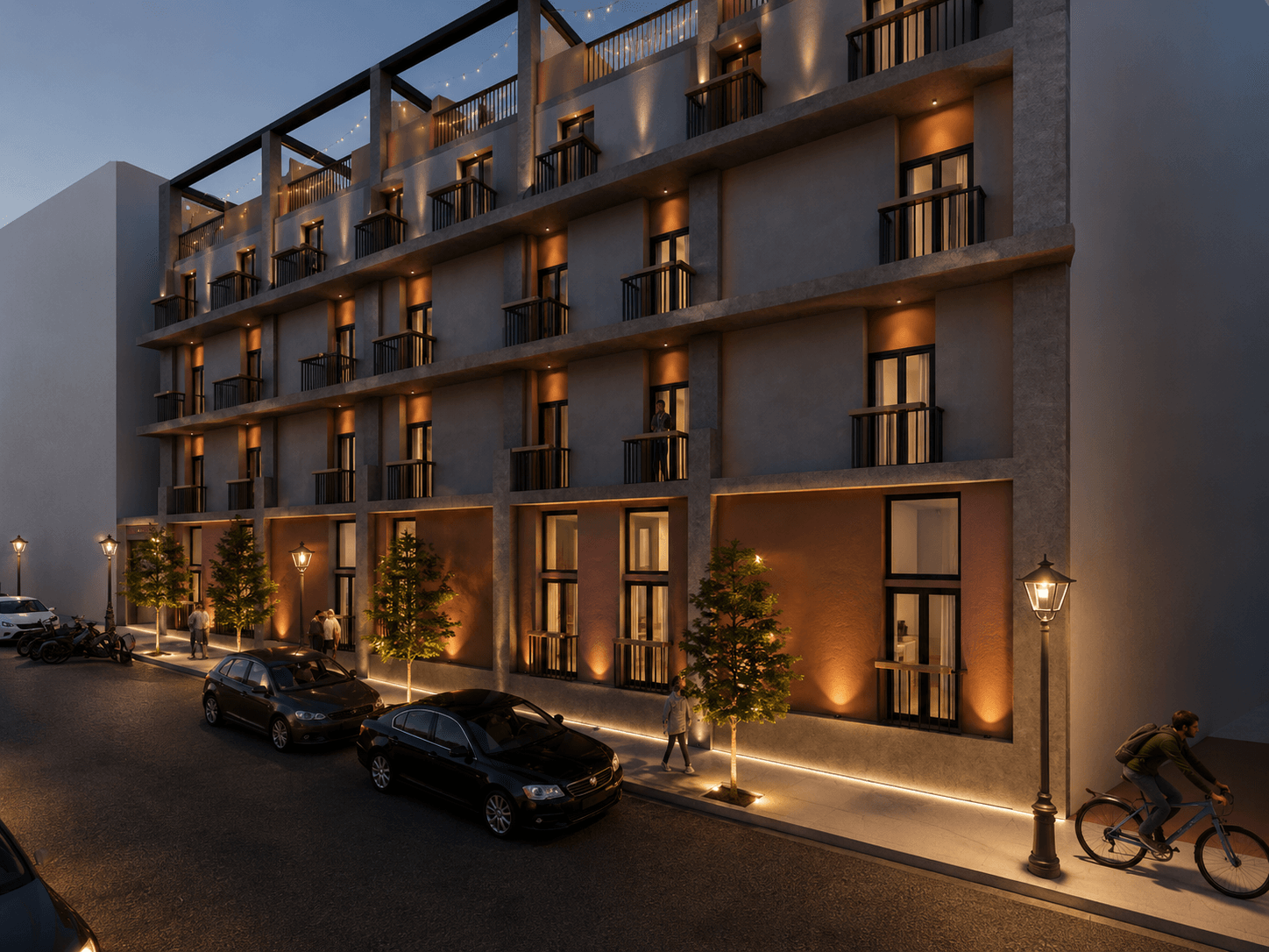 The finished Campus42 facade at dusk — warm-lit balconies, street trees and the rooftop terrace above