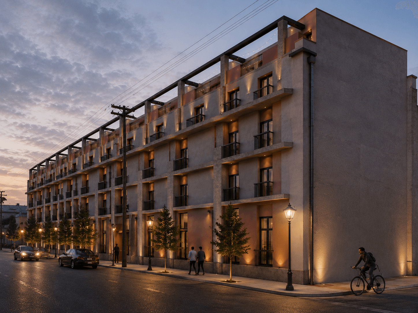 Campus42 facade at dusk — Georgiou Olympiou 42, Patras, today