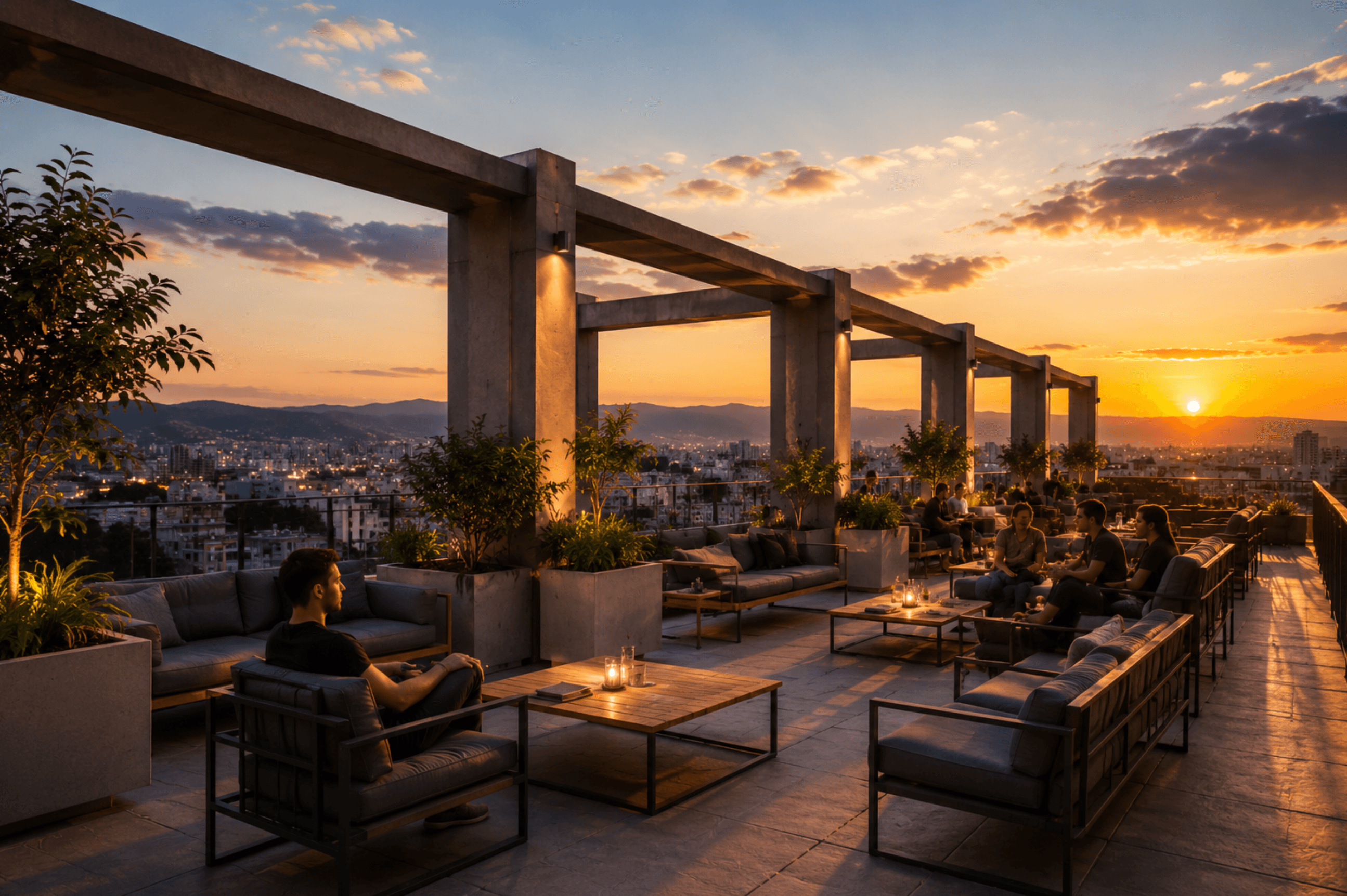 Campus42 rooftop at sunset — life re-opened, 2026
