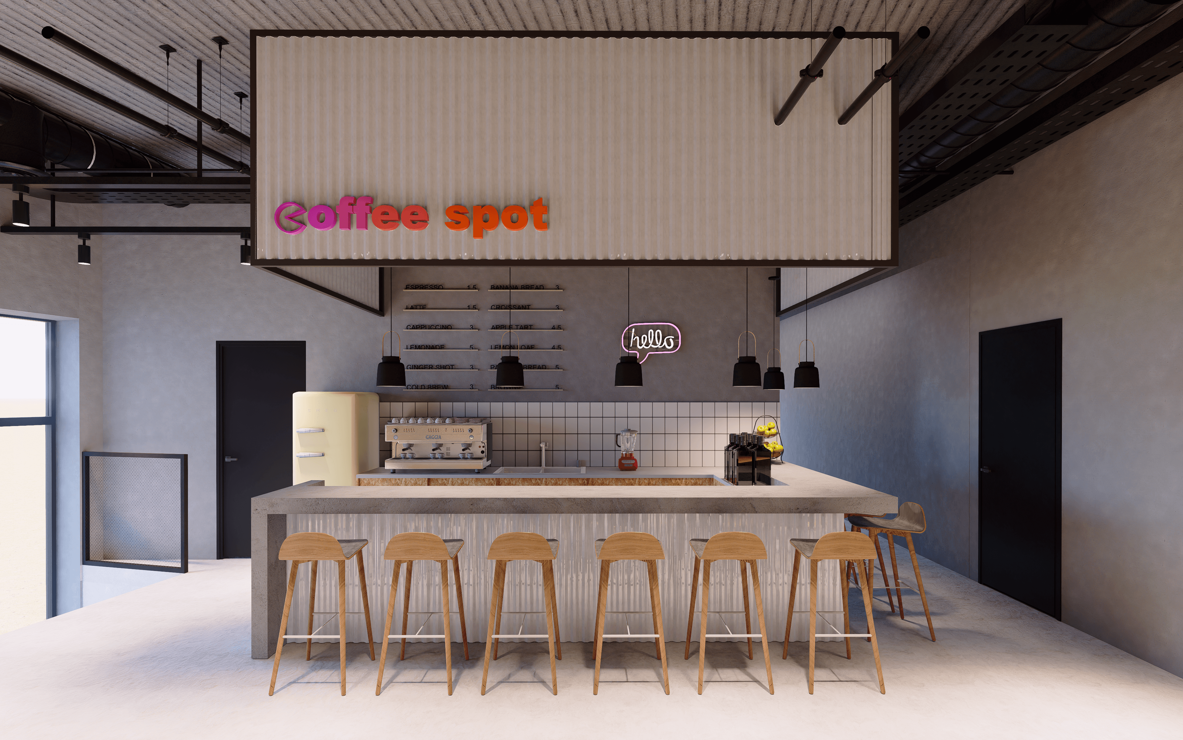 Tank Café & Bar inside Campus42 — coffee counter and warm interior lighting.