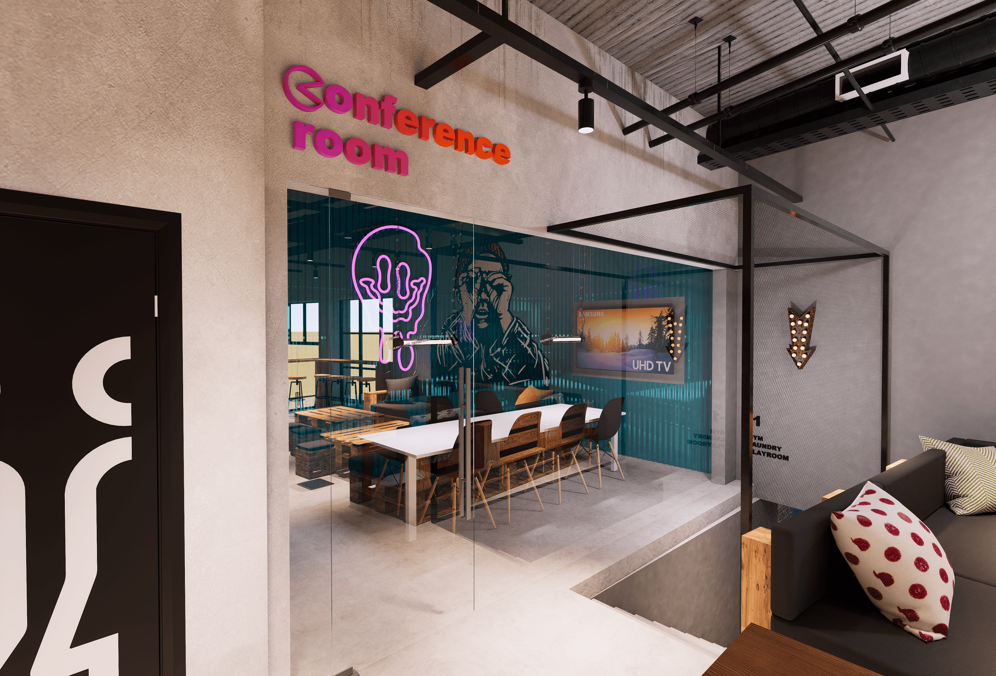 Conference room at Campus42 — matte display facing a long table and brick wall.