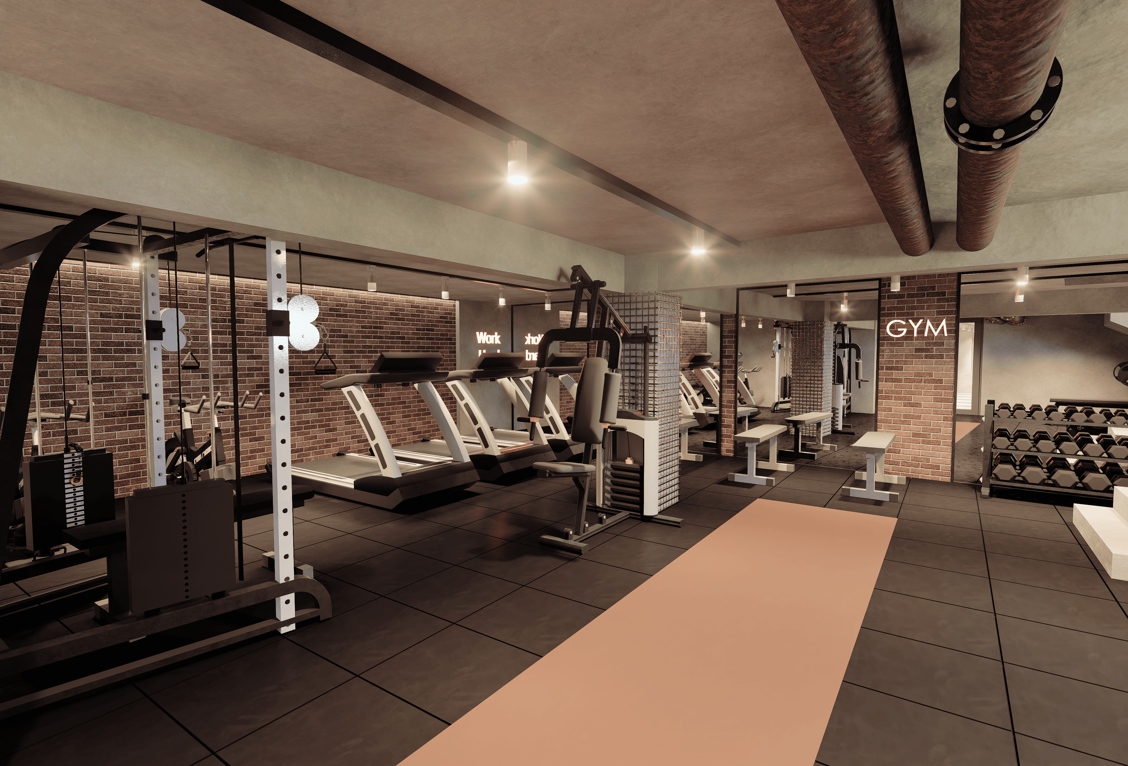Gym at Campus42 — exposed brick and Technogym equipment lined up.