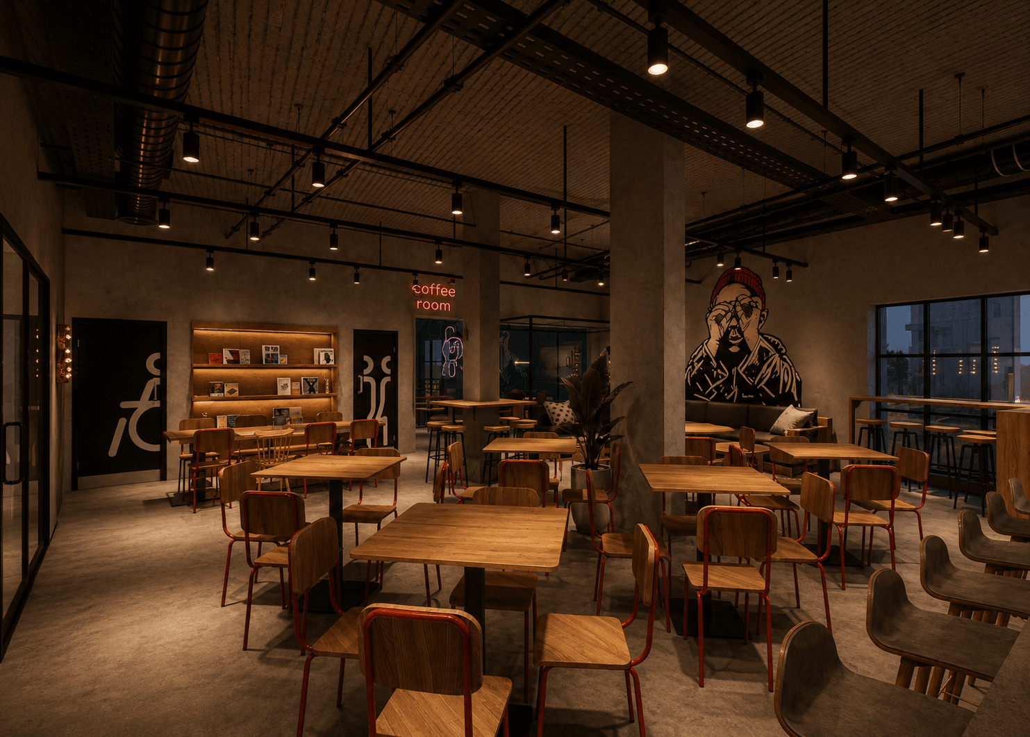 Study lounge at Campus42 — warm communal tables, shelving and task lighting.