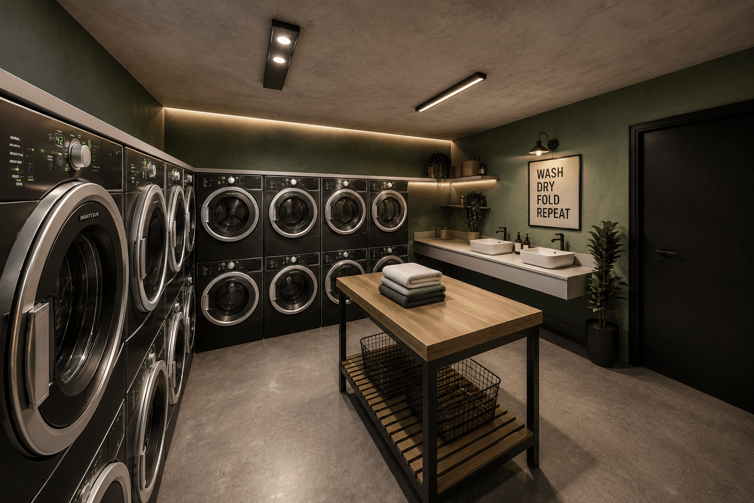 Laundry room at Campus42 — stacked washers and dryers with a central folding island.