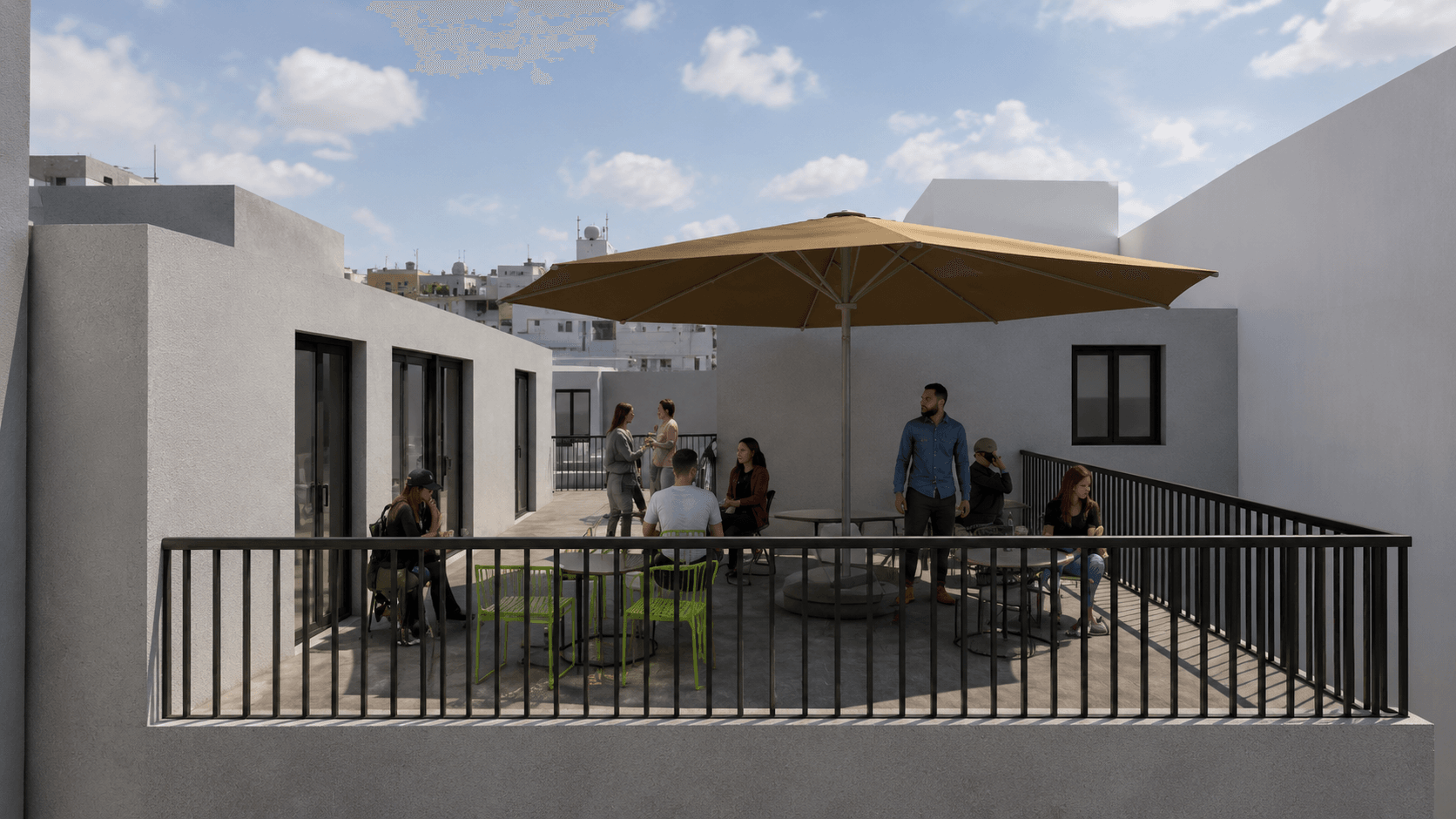 Rooftop terrace at Campus42 — parasol shade, social seating and a view over Patras.